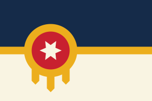 The flag of Tulsa consists of an upper navy blue half and a lower beige half, separated by a gold horizontal line, with a gold Osage shield punctuating the left third. The shield contains a red circle, and a beige six-pointed star centered within the circle.