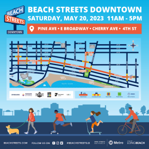 Graphic promoting Beach Streets Downtown in Long Beach, California. Includes a map, and several pedestrians on a street.