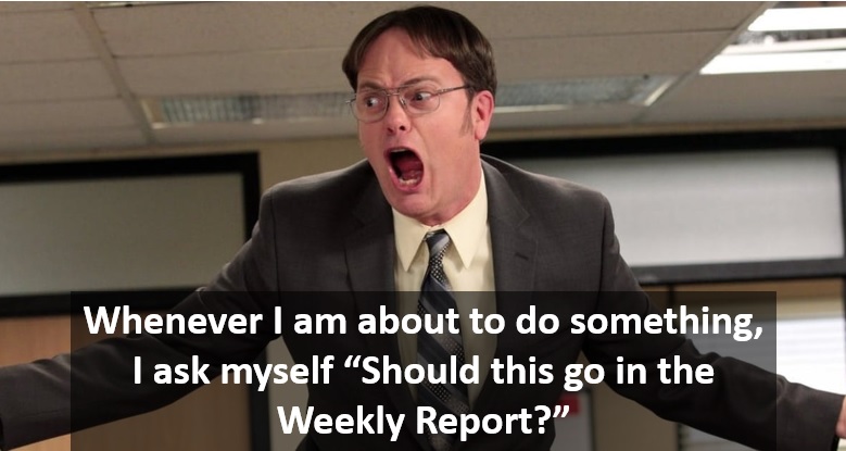 Actor Rainn Wilson in a scene as "The Office" character Dwight Schrute. The caption on the image reads "Whenever I am about to do this something I ask myself, Should this go in the Weekly Report?"