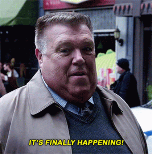 A GIF of "Brooklyn Nine-Nine" character Norm Scully saying "It's finally happening!"