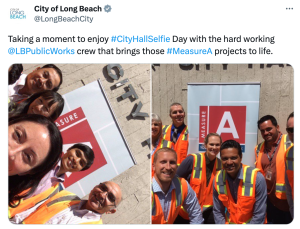 A tweet showing Long Beach, CA public works staff taking a City Hall Selfie.