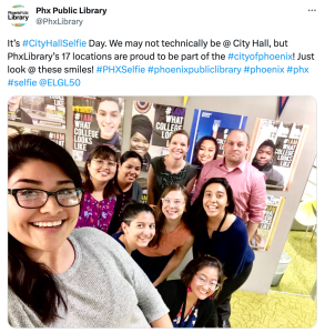 A tweet showing a City Hall Selfie from Phoenix, AZ, Public Library staff.