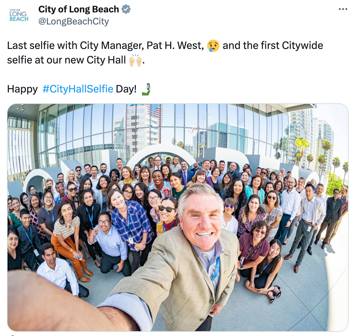 Long Beach, CA employees with a City Hall Selfie featuring the outgoing city manager, Pat H. West.