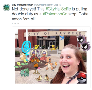 A tweet showing augmented reality Pokémon characters in a City Hall Selfie from the City of Raymore, MO.