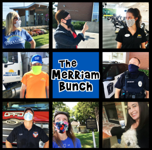 A photo collage of selfies featuring 8 people around a center square with the text "The Merriam Bunch."