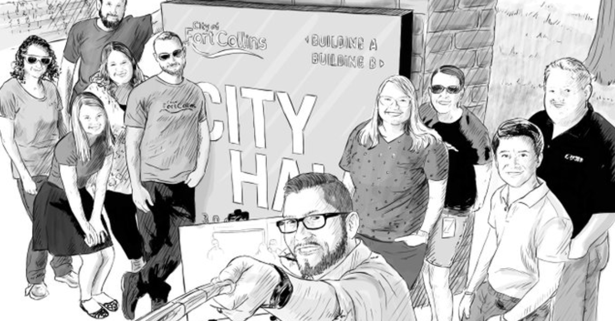 A stylized artwork showing a City Hall Selfie from Fort Collins, CO.