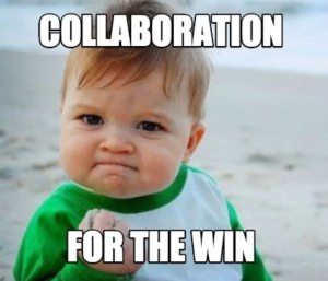 The Success Kid meme with the caption "Collaboration for the win" overlaid on the image.