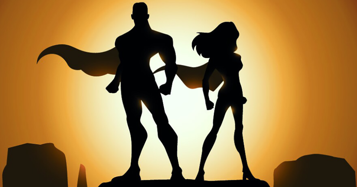The silhouettes of a male and female caped superheroes standing against a city skyline.