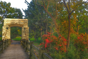 A fall shot of an iconic Wauwatosa, WI pedestrian bridge in Hoyt Park.