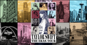 The poster for Taylor Swift's The Eras Tour appears in front of 10 images of U.S. cities rendered in the same color scheme as the poster.