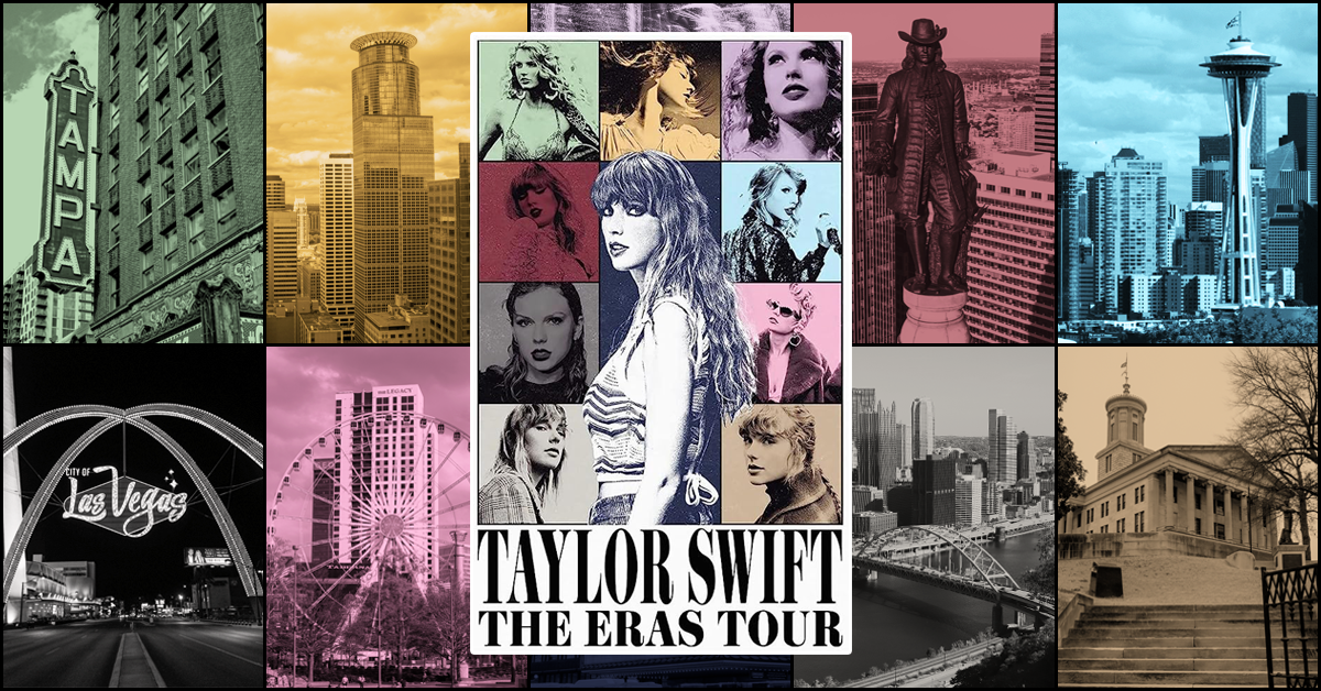 The poster for Taylor Swift's The Eras Tour appears in front of 10 images of U.S. cities rendered in the same color scheme as the poster.