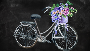 Graphic of a bicycle with front basket full of flowers.