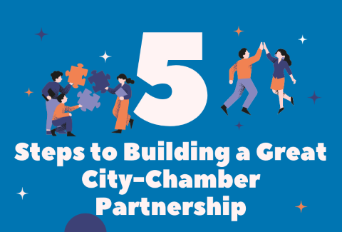 Graphic of people holding puzzle pieces together, with text "5 steps to building a great city-chamber partnership."