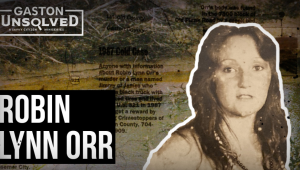 Video thumbnail graphic in sienna tones with overlapping map and landscape with cutout of woman in foreground. Text is "Gaston Unsolved, Robin Lynn Orr."
