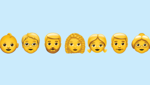 Graphic of seven face emojis in a row, from baby to elderly person.