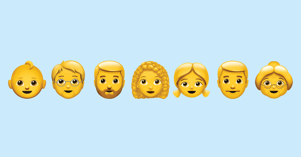 Graphic of seven face emojis in a row, from baby to elderly person.