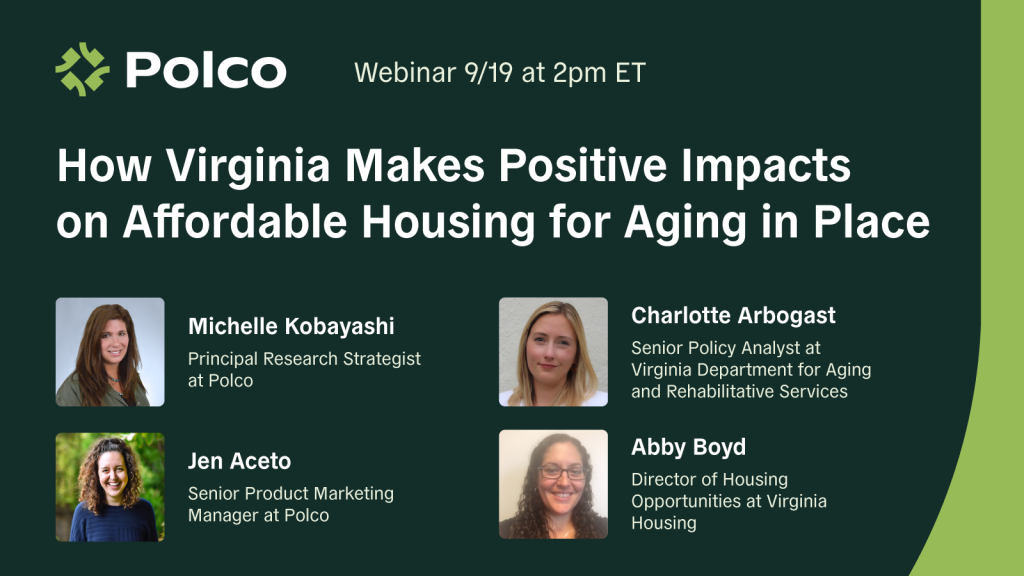 Graphic with speaker images promoting a webinar by Polco about helping people age in place in Virginia.