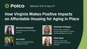 Graphic with speaker images promoting a webinar by Polco about helping people age in place in Virginia.