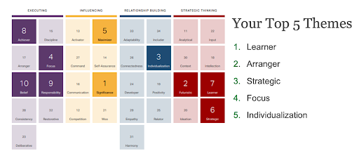 Chart showing a summary of someone's Strengths Finder assessment.