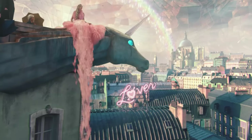 Taylor Swift sitting on unicorn neck on top of building, from music video for "Me!"