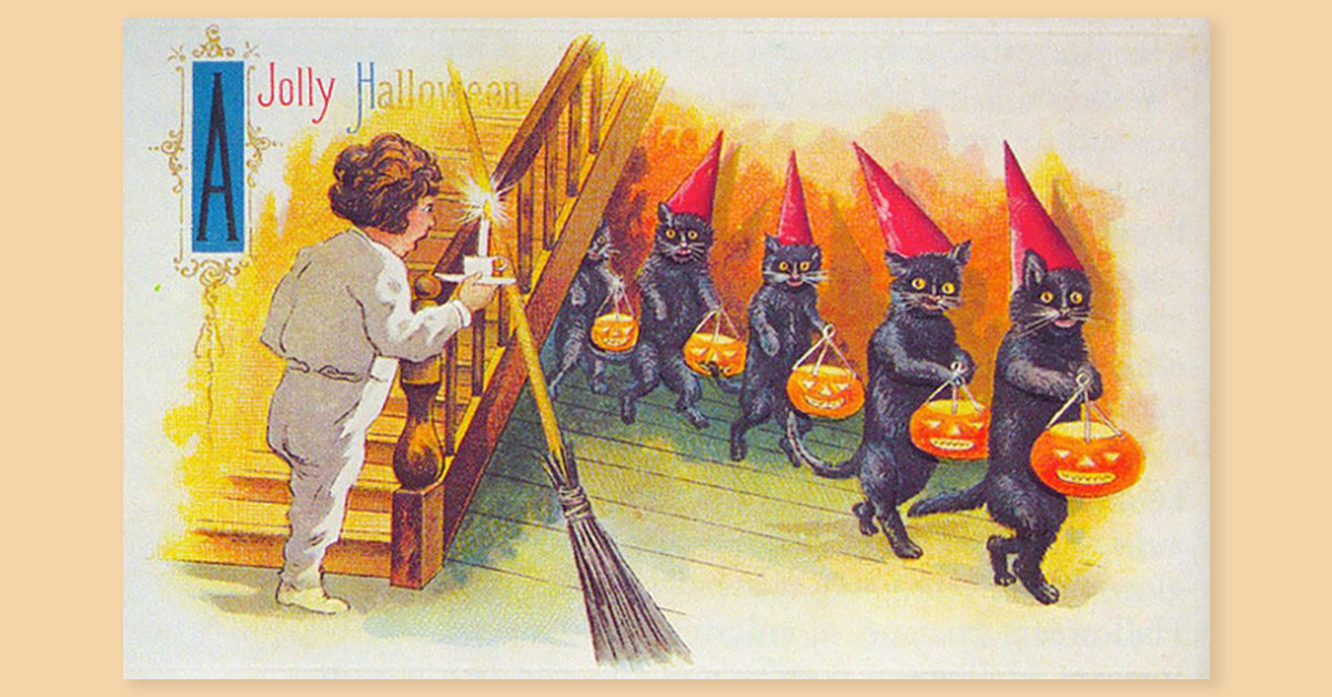 An early 20th century Halloween postcard, depicting a boy with candle in a house, startled to see a parade of anthropomorphic black cats wearing cone hats and carrying jack-o'-lanterns.