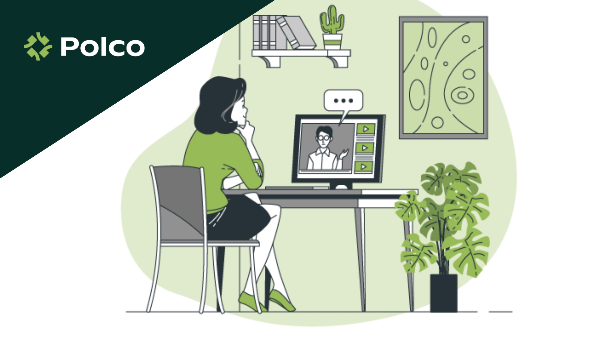 Illustration of a remote work employee at home while talking to another employee on a video call. The word "Polco" appears in the upper left.