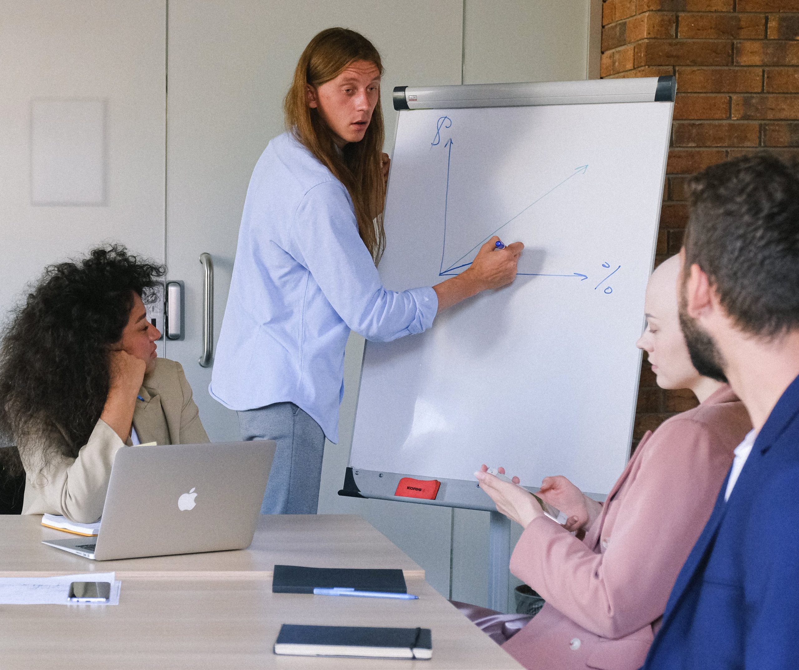 Person in a work environmental writing on a paper easel, while three other people look on.