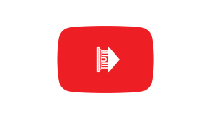 An oblong red button appears on a white background. A white icon representing a government building and a play button sits at the center of the red button.