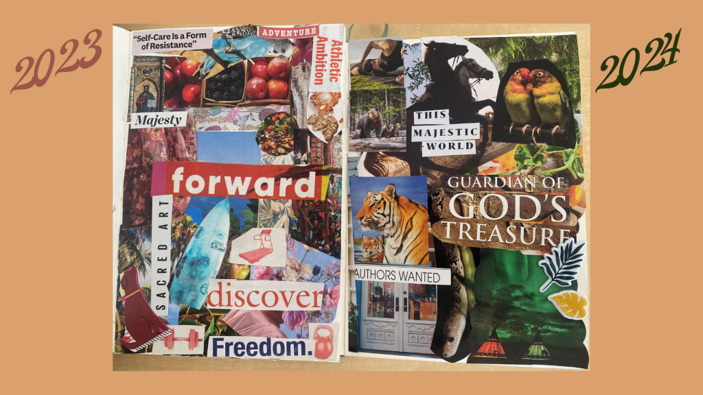 A 2023 vision board collage side-by-side with a 2024 vision board collage.