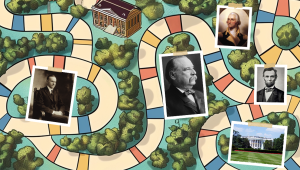An illustrated board game with looping, multicolored squares surrounded greenery. Historic photos of Calvin Coolidge, Grover Cleveland, George Washington, Abraham Lincoln, and the White House are overlaid on top of the board.