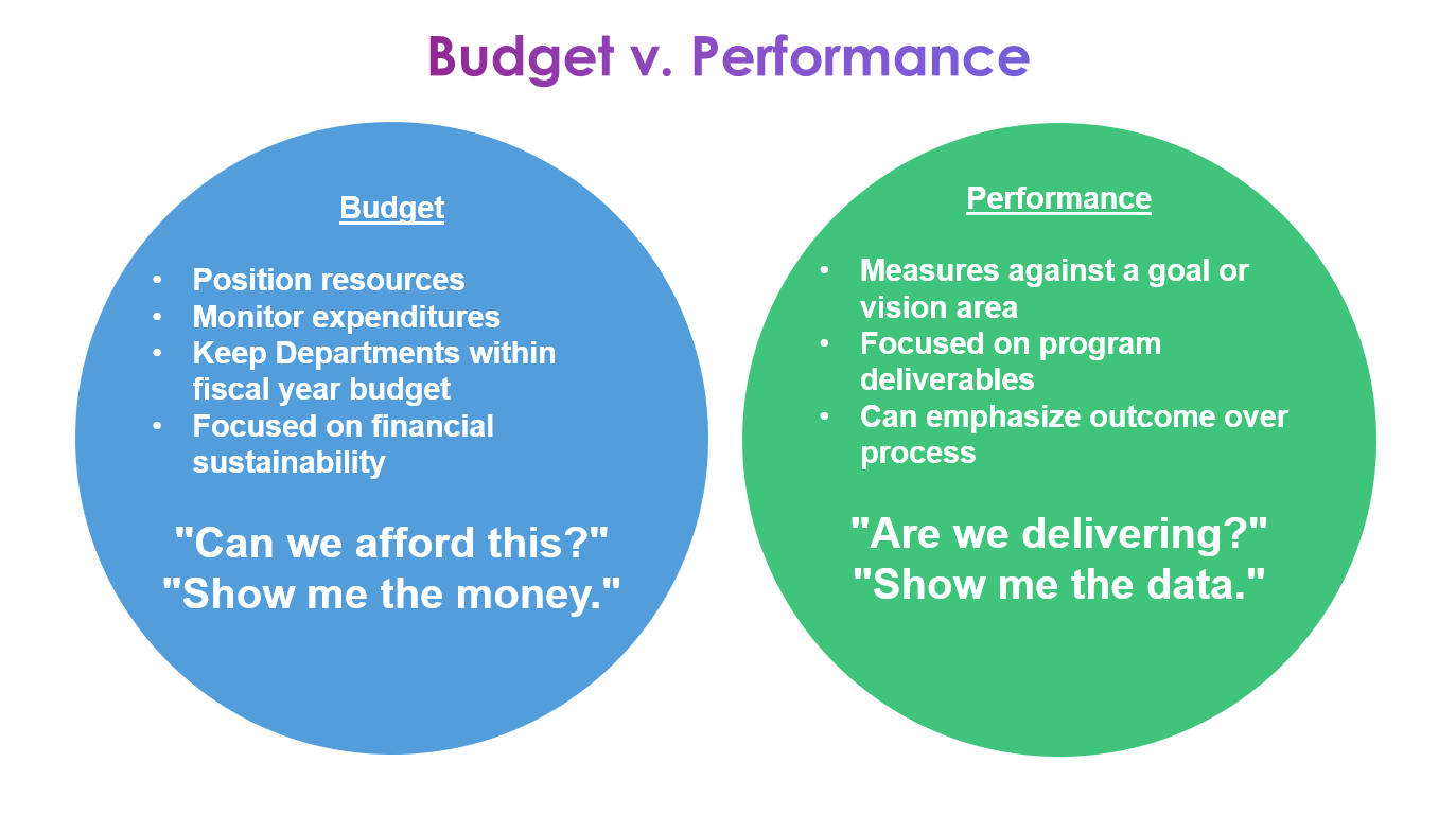 A blue circle labeled Budget and a green circle labeled Performance.