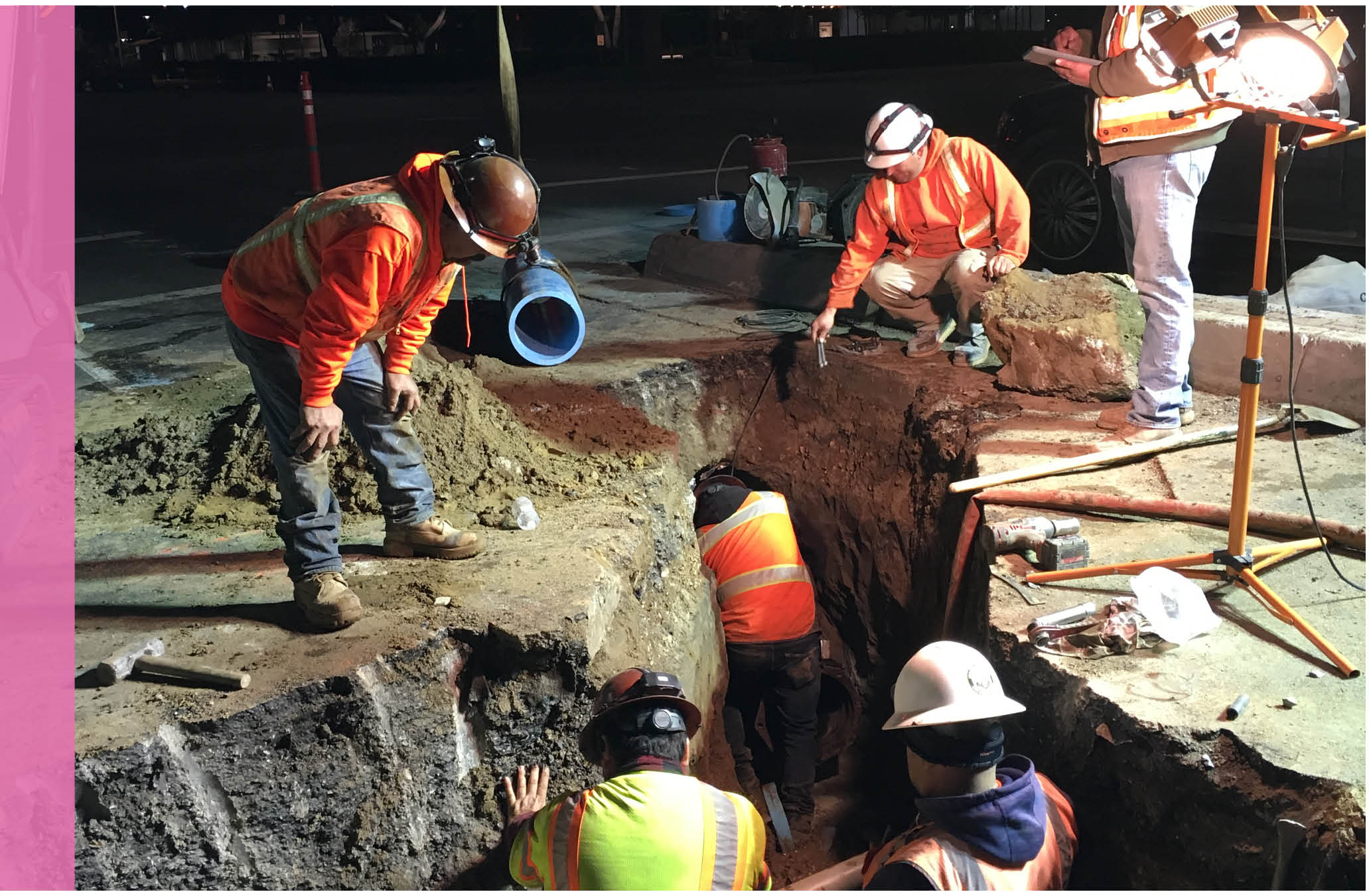 Public Services Element Cover Photo: Repair and maintenance work on utility pipes conducted at 3:30 am on a Wednesday morning in January 2018.