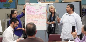 A shot of three people presenting from a sketchpad at a community meeting.