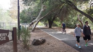 A shot of a couple walking and a man cycling on the tree-lined Santiago Creek Bike Trail in Santa Ana.