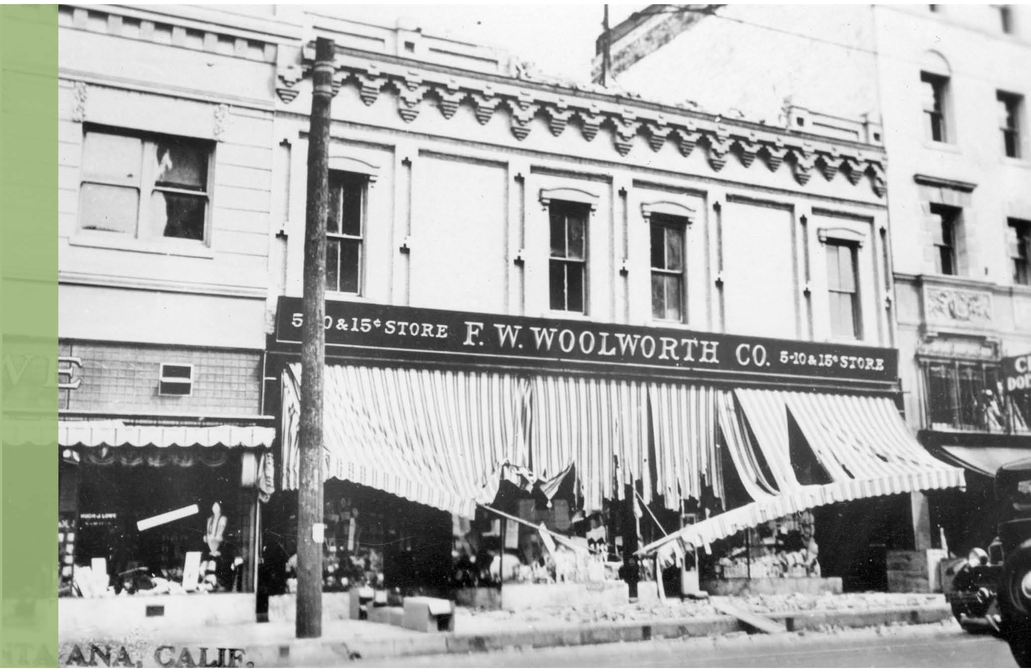 Safety Element Cover Photo: A black and white photo of damage to a store, F.W. Woolworth Co, after an earthquake. The awning has collapsed.