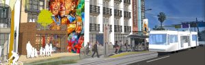 A rendering of an apartment complex accented with a colorful mural