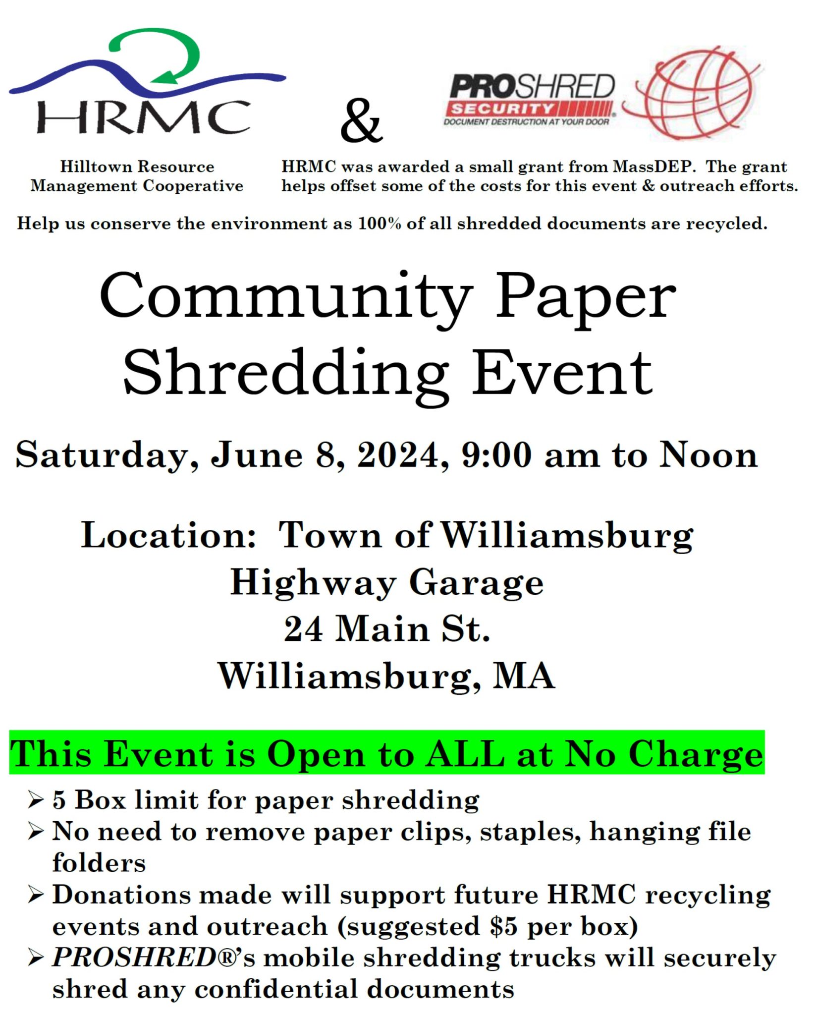 Free HRMC Community Paper Shredding Event June 8, 2025 Goshen, MA