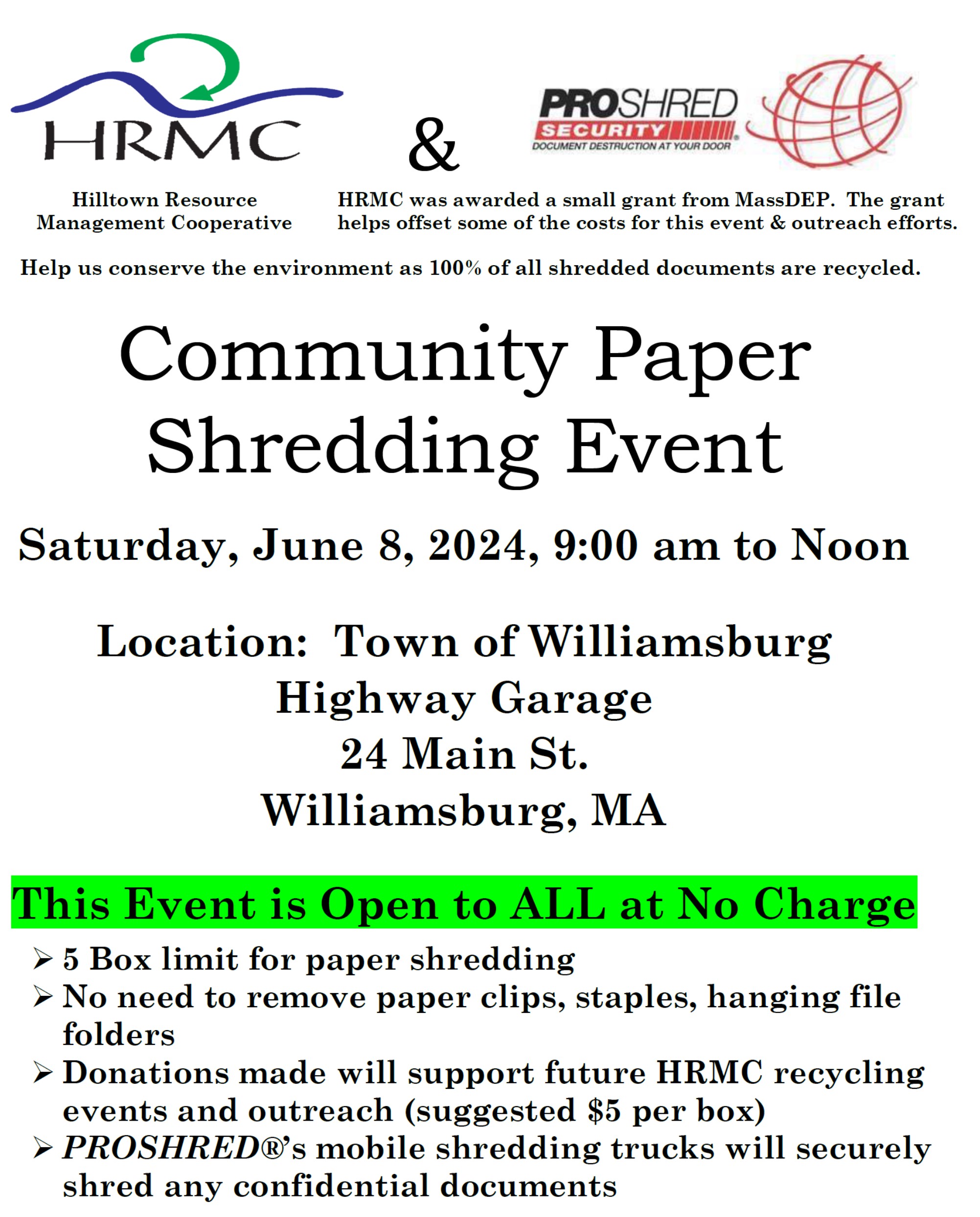 Free HRMC Community Paper Shredding Event June 8, 2024 Goshen, MA