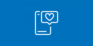 Icon of a mobile phone with a social media message that includes a heart.