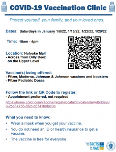 Covid 19 Vaccination clinics at the mall January 8, 15, 22, 29