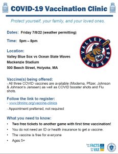 Flyer for Covid-19 clinic at July 8 Blue Sox game