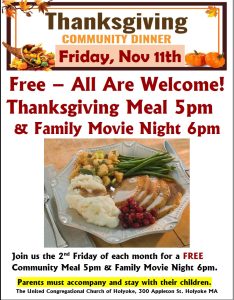Flyer for November 11, 2022 Dinner and Movie and United Congregatoinal Church at 5pm