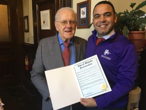 Mayor Garcia presenting Polish-American leader Joseph Kos with Proclamation