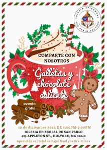 Spanish Flyer for Cookies and Cocoa Event with Santa at St Paul's on 12-10-22 at 5pm
