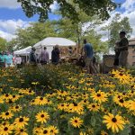 Yellow flowers are in the foreground with a crowd in the background.