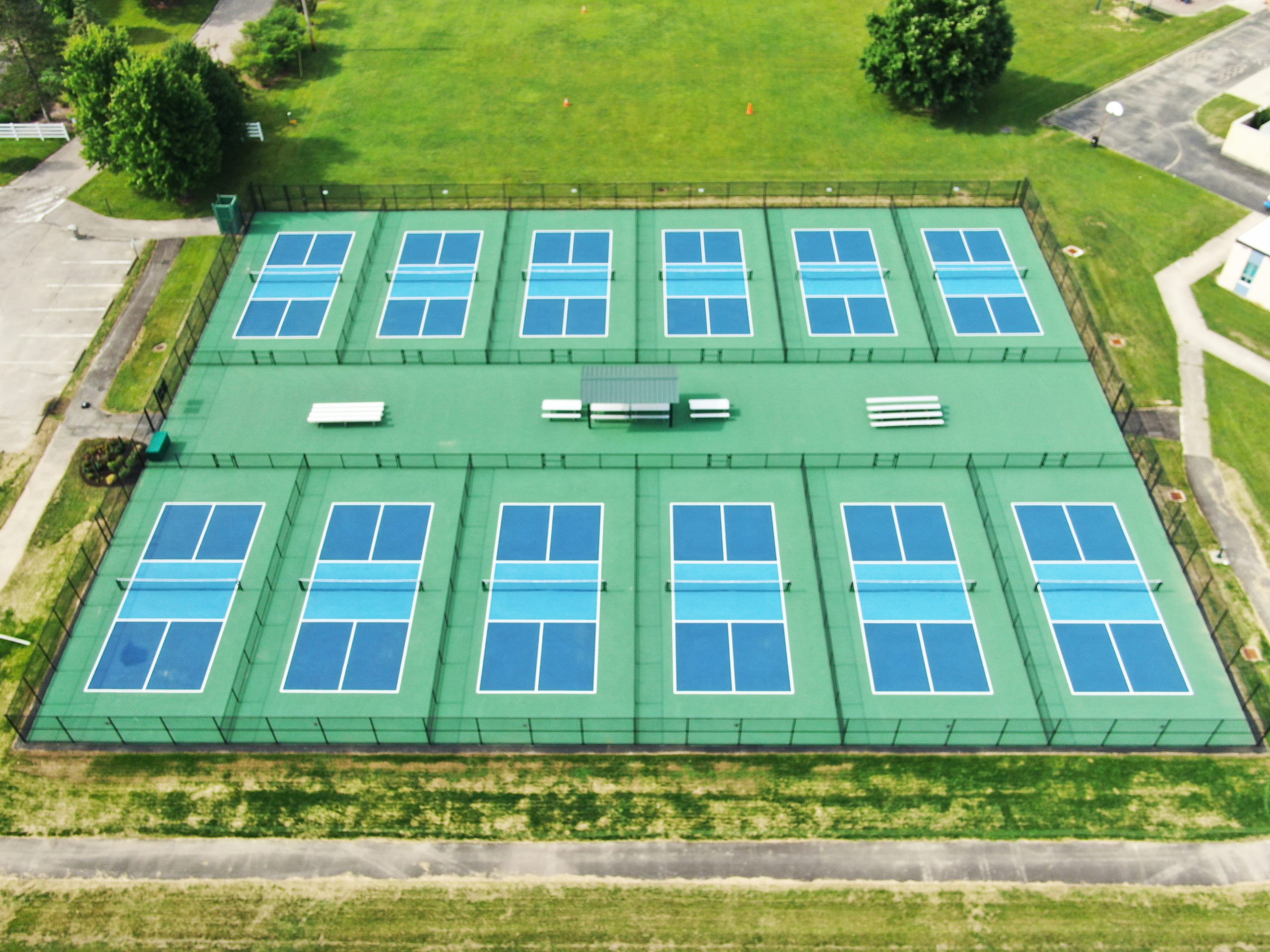 Drone image of all 12 Kennedy Pickleball Courts