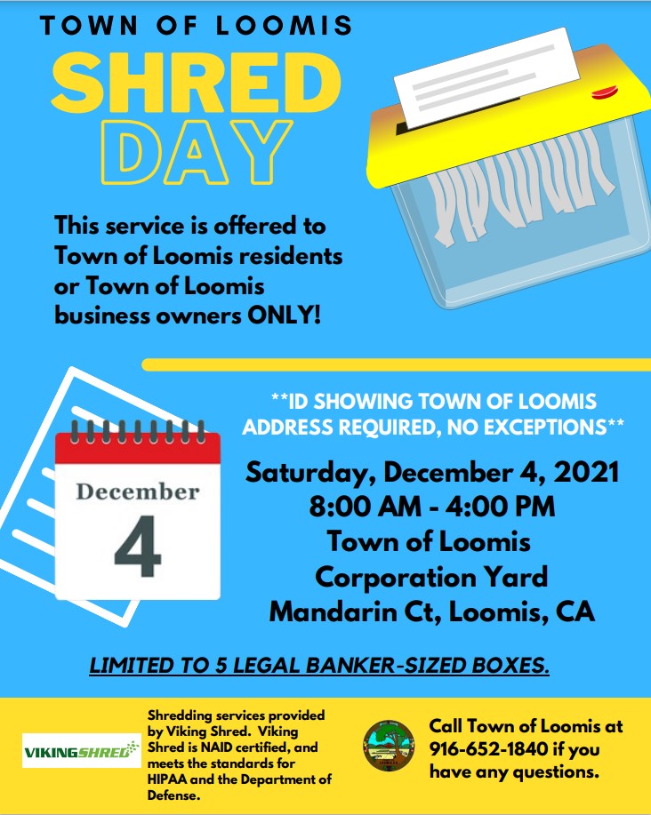 Town of Loomis Shred Day is December 4, 2021 - Loomis, CA