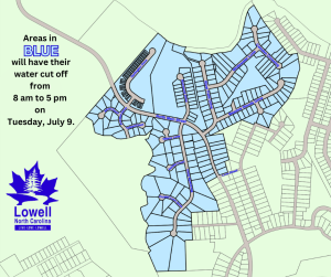 Map of Lowell showing cut-off area in sky blue.