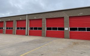 Fire Department building with red bay doors