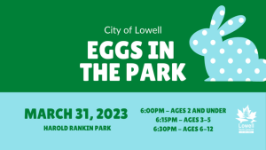 Eggs in the Park image, green and blue background with a polka dot bunny